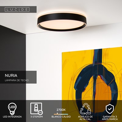 Lucide NURIA - Lámpara de techo - Ø 30 cm - LED 3 StepDim - 1x18W 2700K - Negro